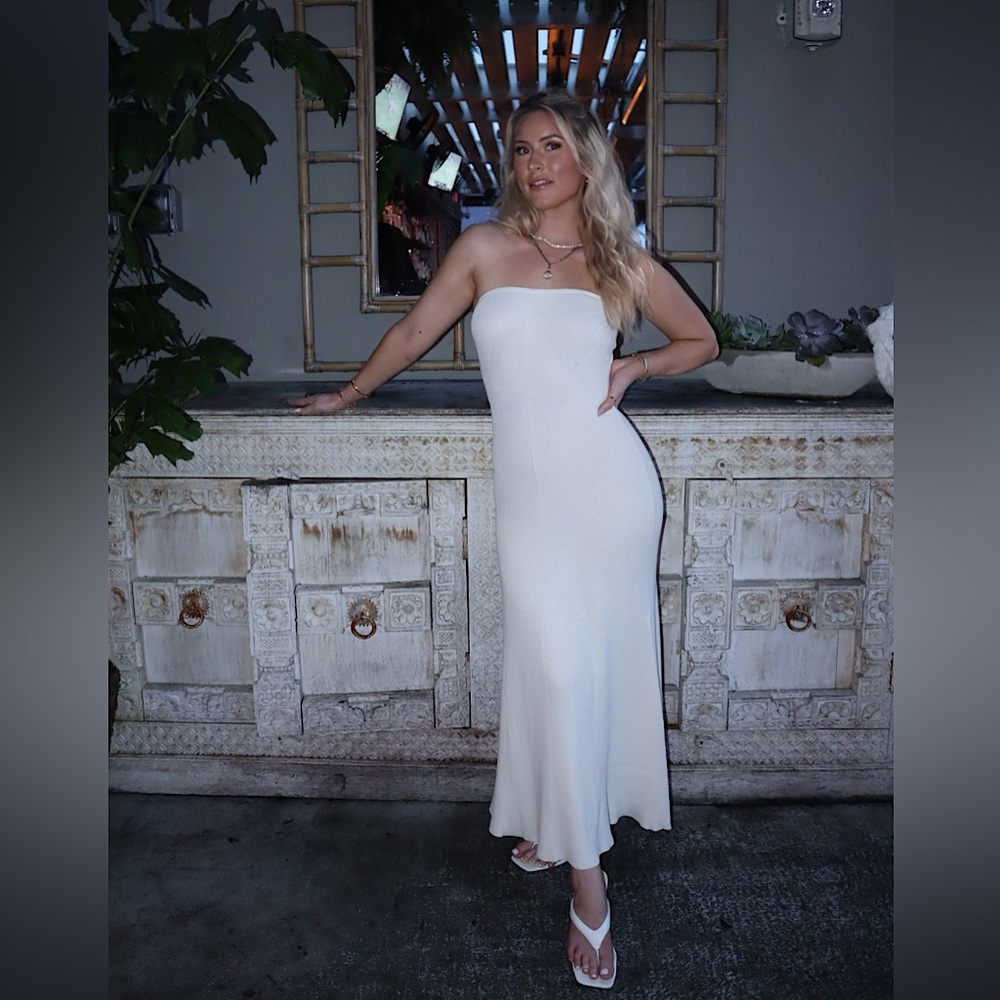 Beige / Off White Strapless Ribbed Midi Dress